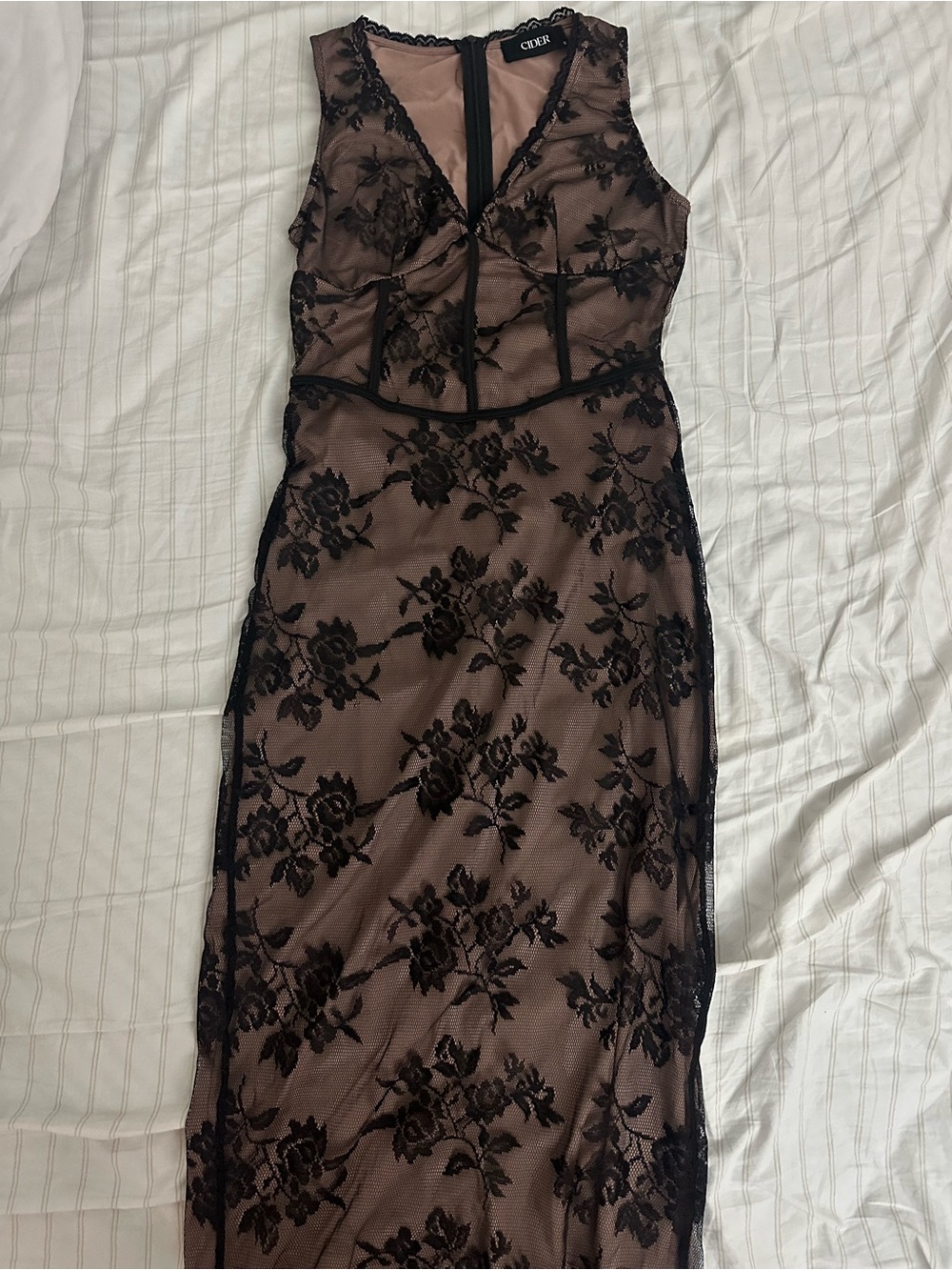 Cider Black Lace Overlay Nude mesh Maxi Dress